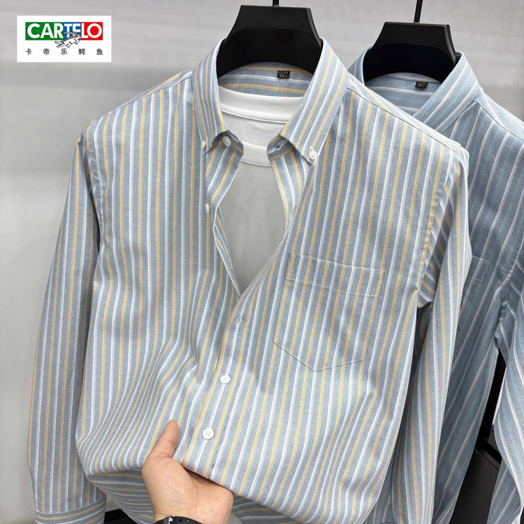 Cartelo Crocodile Men's Shirt Long-Sleeved Pure Cotton 2026 New Spring Casual Stripesd Shirt for Young and Middle-Aged People