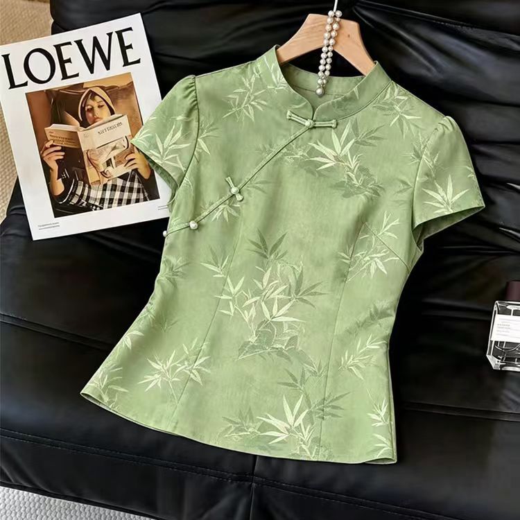 New Chinese-Style Retro Green Printed Short-Sleeved Shirt for Women, Summer Slim-Fit Stand-Up Collar, Buttoned Diagonal Placket Retro Top
