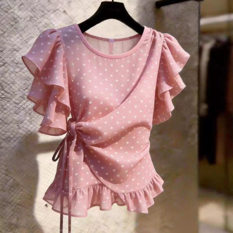 Korean-Style Ladylike Niche Pink Polka Dot Short-Sleeved Chiffon Shirt for Women with Lace-Up Ruffle Design Top Korean-Style Ladylike Niche Pink Polka Dot Short-Sleeved Chiffon Shirt for Women with Lace-Up Ruffle Design Top