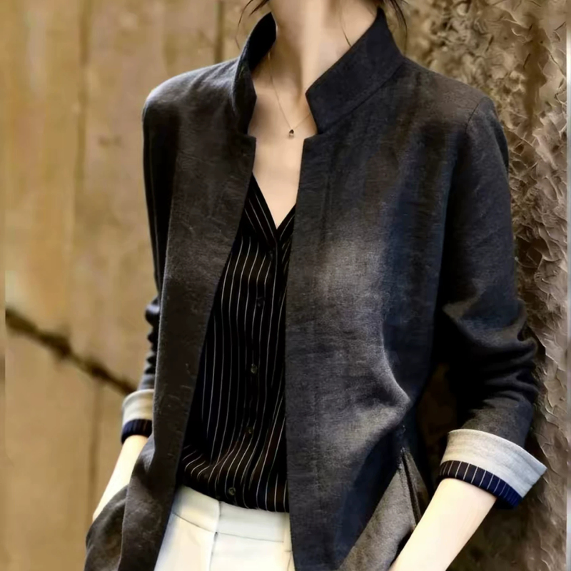 High-End Atmospheric Dark Gray Stand-Collar Blazer for Women, Autumn Striped Patchwork Sleeve Cardigan, Slim-Fit and Elegant Short Style
