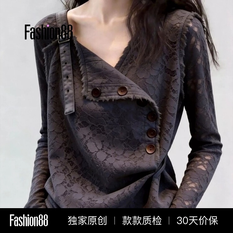 Lace V-Neck Top for Work, Age-Reducing, Button-Decorated, Slimming, Casual, High-End Design Shirt, 2026 Autumn New Style Lace V-Neck Top for Work, Age-Reducing, Button-Decorated, Slimming, Casual, High-End Design Shirt, 2026 Autumn New Style