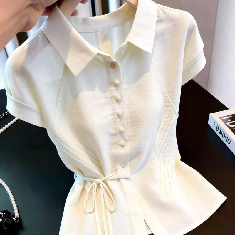 French-Style Design Lapel Short-Sleeve Waist-Cinching Shirt for Women, 2026 Summer New White Tie-Up Versatile Slimming Top French-Style Design Lapel Short-Sleeve Waist-Cinching Shirt for Women, 2026 Summer New White Tie-Up Versatile Slimming Top