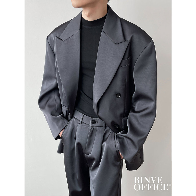 Rinve High-End Satin Shoulder-Padded Suit Jacket for Men, High-End Loose-Fitting Double-Breasted Casual Suit