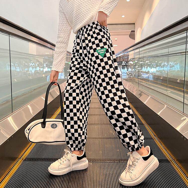 Girls Spring and Autumn Sports Casual Pants 2022 New Children's Girls Checkerboard Plaid Pants Big Children's Cotton Korean Pants