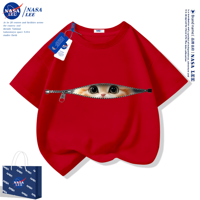 NASA猫子供用半袖Tシャツ純綿夏2025赤男の子と女の子子供用干支年服