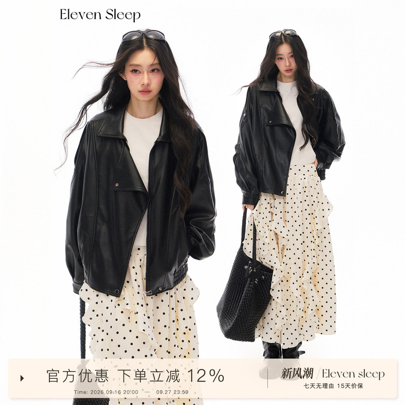 Eleven Sleep Black Leather Jacket for Women, Autumn American Retro Leather Jacket, High-End Lapel Biker Jacket Eleven Sleep Black Leather Jacket for Women, Autumn American Retro Leather Jacket, High-End Lapel Biker Jacket