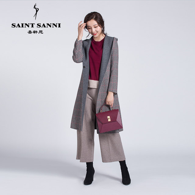 Saint-Henni ຂົນແກະ 100% ຜ້າຂົນຫນູສອງດ້ານ velvet checkered hooded loose-length lace-up plaid plaid coat GE454