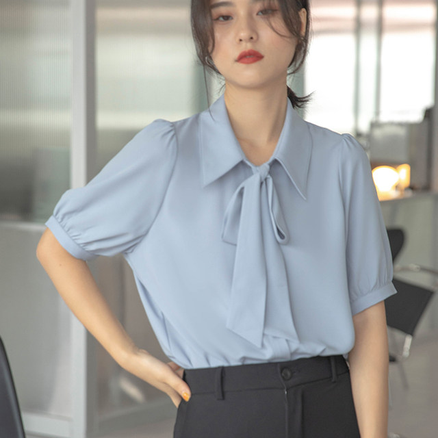 Temperament bow shirt women's blue chiffon shirt summer short-sleeved slimming design sense commuting professional top summer