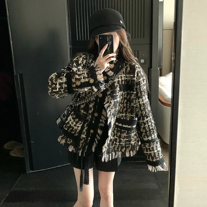 Black Tassel Ribbon Tweed Jacket for Women, 2026 Autumn and Winter New Korean Style Loose Thick Tweed Coat