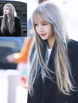 lisa wig female long hair long straight hair silver with bangs wig set lo full headgear natural air qi bangs