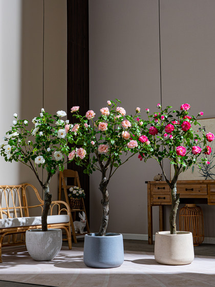 High-End Rose Camellia Floor-Standing Decorative Flowers, Simulated High-End Living Room Plastic Fake Flowers, Fake Trees and Green Plants