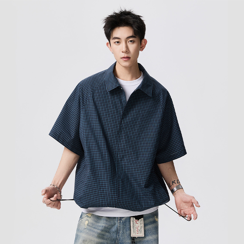 Nasab-Eare Japanese Retro Youthful Plaid Short-Sleeve Shirt for Men, Summer Trendy Brand Loose Casual Shirt