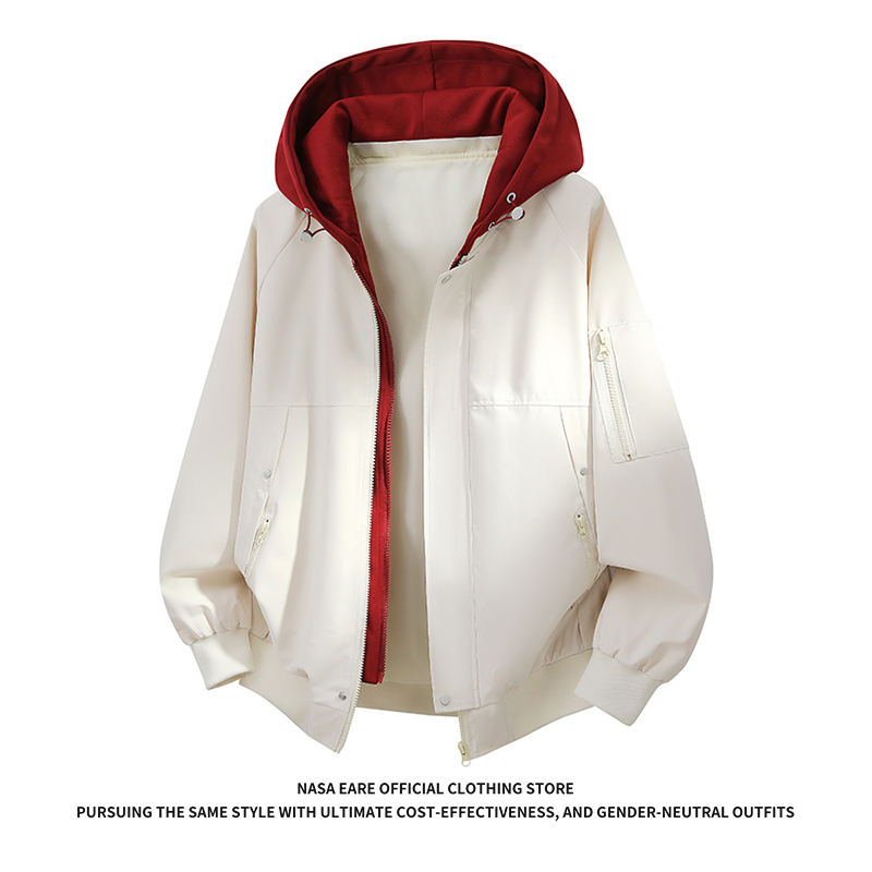 Nasab-Eare Fake Two-Piece Hooded Jacket for Men, New Spring Style, Detachable Hood, Color-Blocking Casual Sports Coat