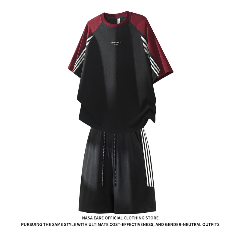 Nasab-Eare American Style Color-Block Striped Casual Sports Suit Men's Summer New T-Shirt and Shorts Two-Piece Set