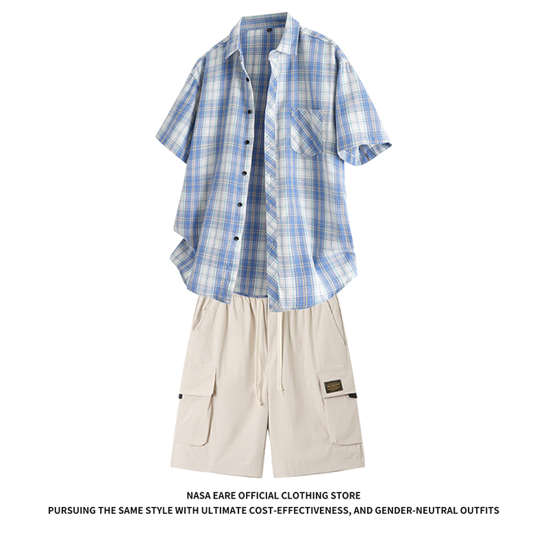 Nasab-Eare Summer Outfit Plaid Short-Sleeved Shirt for Men and Women, Couple's Plaid Shirt and Shorts Set