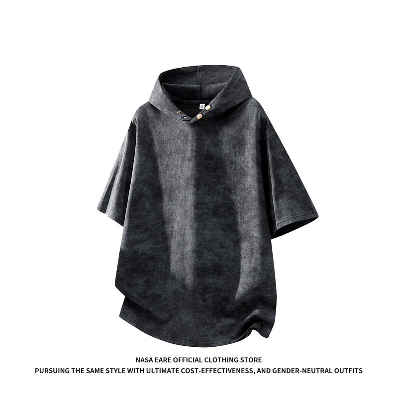 Nasab-Eare American Tie-Dye Hooded Short-Sleeved T-Shirt Men's Summer New Loose Casual Sports Half-Sleeved Top