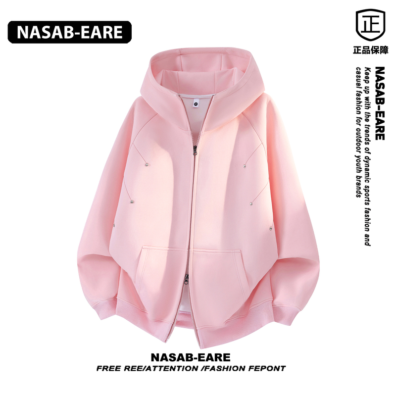 Nasab-Eare Pink Rivet Design Sweatshirt for Men, Autumn Loose Double Zipper Loose Sports Hooded Long-Sleeved Jacket Nasab-Eare Pink Rivet Design Sweatshirt for Men, Autumn Loose Double Zipper Loose Sports Hooded Long-Sleeved Jacket
