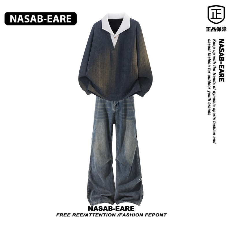 Nasab-Eare College Style Jacquard Fake Two-Piece Sweatshirt Loose Casual Two-Piece Set Men's Autumn Jeans Outfit Nasab-Eare College Style Jacquard Fake Two-Piece Sweatshirt Loose Casual Two-Piece Set Men's Autumn Jeans Outfit