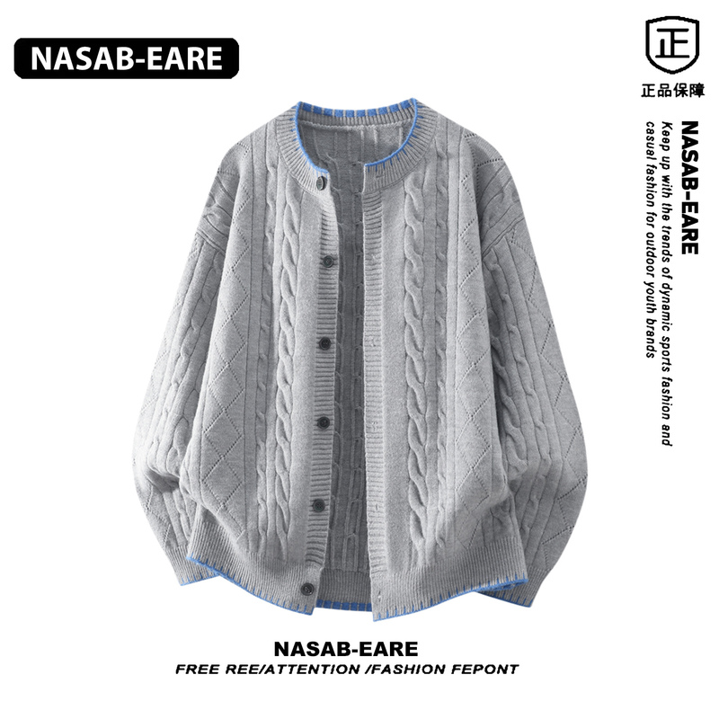 Nasab-Eare American-Style Cable Knit Cardigan Sweater for Men, Autumn Color-Blocked Edge-Trimmed Knit Top Casual Jacket