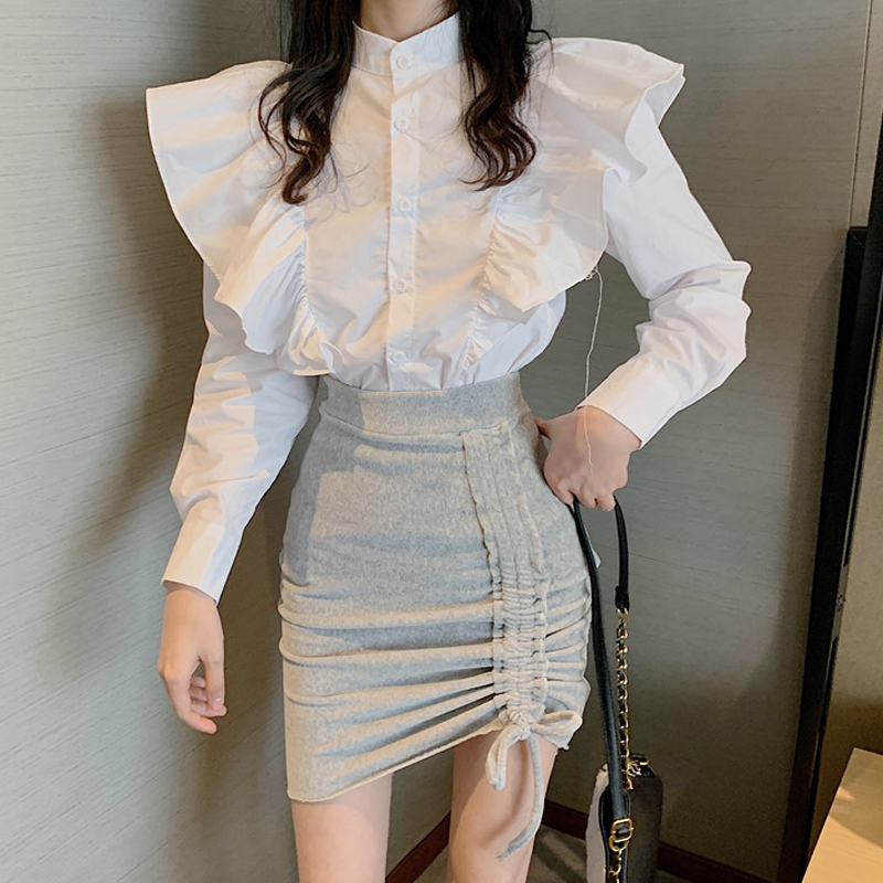 Stand-up collar ruffled single-breasted slim long-sleeved shirt + high-waist fleece skirt Western style two-piece fashion suits