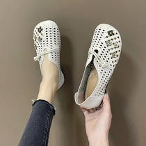 Yercon Summer 2022 Mom Shoes Women National Wind Soft Bottom Genuine Leather Wind Hollowed-out Mid-Aged Sandals