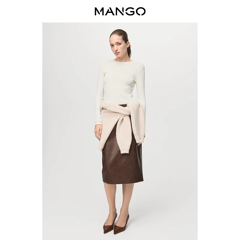 Весенний футболка Mango, удобная длинный рукав с круглым воротом, узкий силуэт