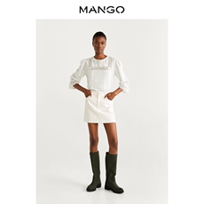 женская рубашка mango女装衬衫2019秋冬棉质面料刺绣拼接七分袖衬衫
