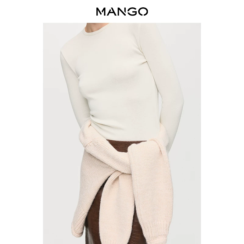 Весенний футболка Mango, удобная длинный рукав с круглым воротом, узкий силуэт