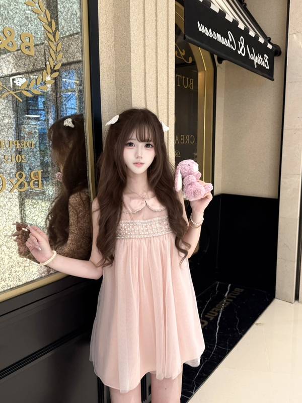 Dandan Is Not Full Enough 【Pink Mist Crushed Diamonds】 Doll Collar Pink Beaded Princess Girl's Mesh Dress