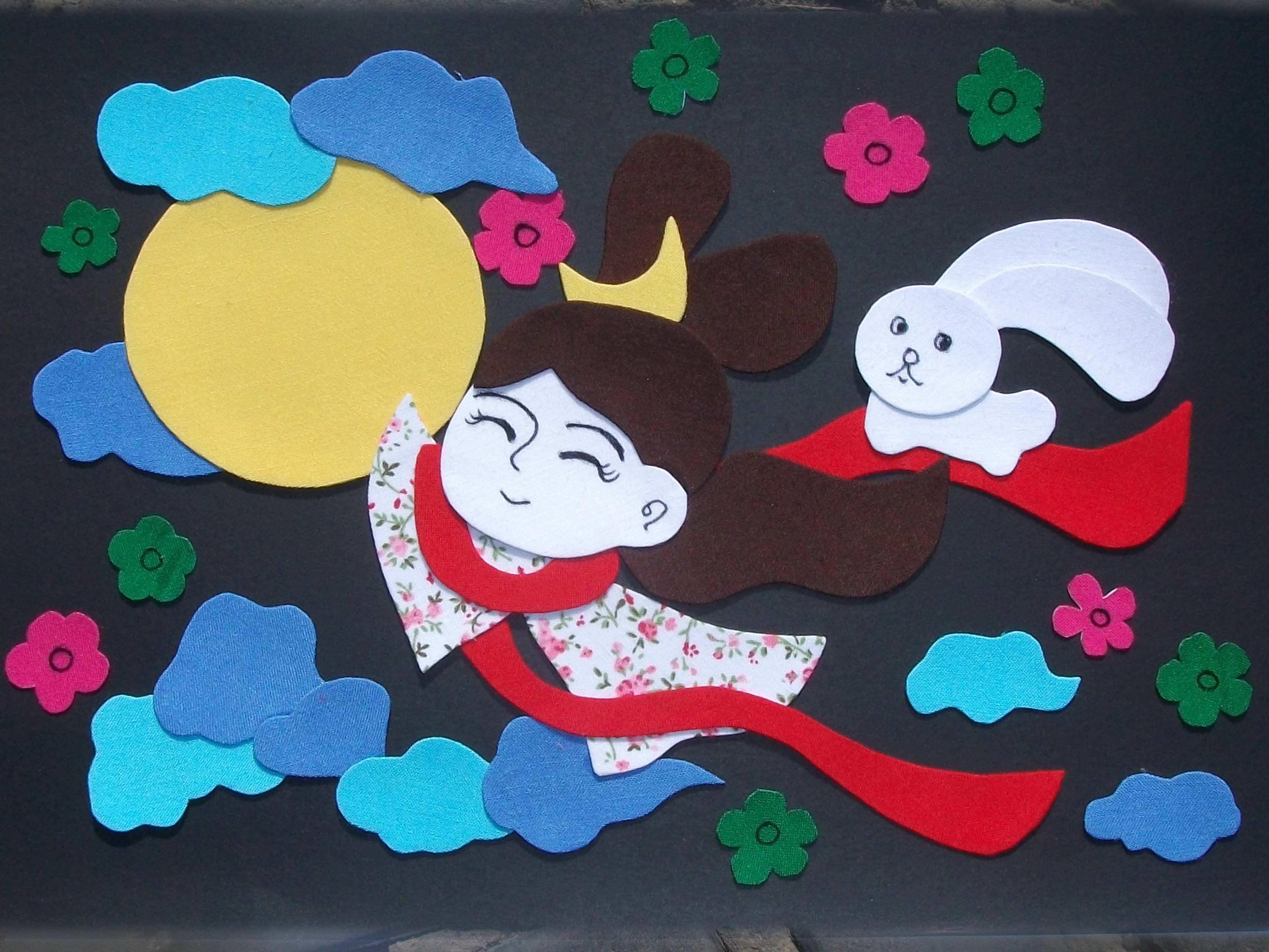 Middle and autumn children cloth stickup (to the moon) Puzzle Cartoon Cloth Art handmade DIY Material Package Student Job