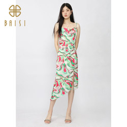 Baisi Art Abstract Floral Suspender Midi-Length Skirt 2024 Summer New Arrival Waist Contrast Color Irregular Dress for Women