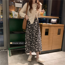 Black floral skirt women 2021 Autumn New Korean version of high waist Joker long temperament A- line dress