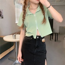 Green POLO collar short T-shirt womens dress 2022 Summer new sashimi with small crowdsourced short sleeve blouses