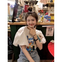 Bubble Cuff T-shirt Woman 2022 Summer New Loose Printed Design Sensation Small Crowd Short Sleeve Cartoon Half Sleeve Blouse