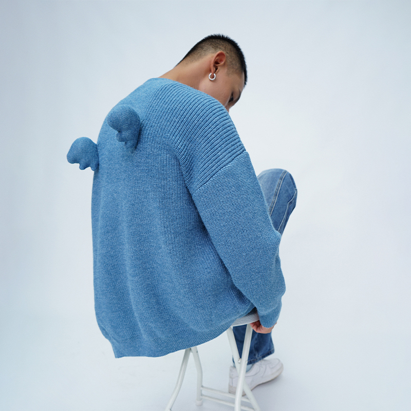 Clp Original Blue and Orange Wing Design Casual Knit Sweater Cardigan Loose Fit Long and Short Style Jacket for Men and Women