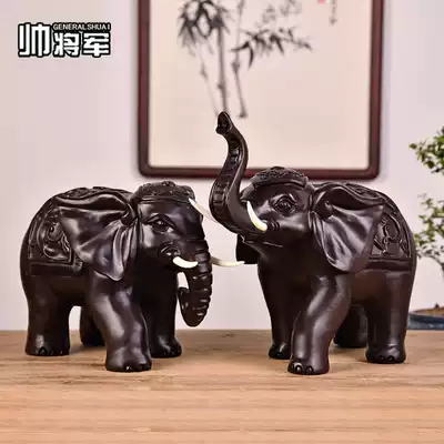 Ebony carved elephant decoration A pair of wooden home living room entrance decorations Handmade solid wood carving craft gift decoration