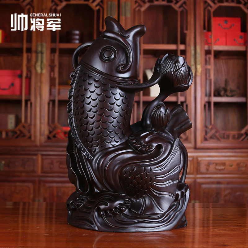 Ebony pear wood carving ornaments lotus lithium fish more than a year home decoration ornaments mahogany home craft gifts