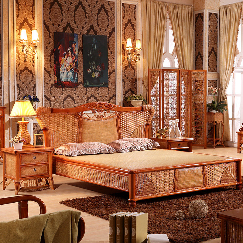Indonesia imported rattan bed Southeast Asian luxury high-end rattan bed rattan art bed rattan mat solid wood bed rattan wood double rattan bed