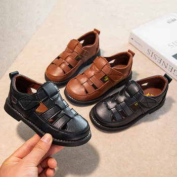 Boys' small leather shoes summer 2023 new children's black performance middle and big boys British style hollow student performance shoes