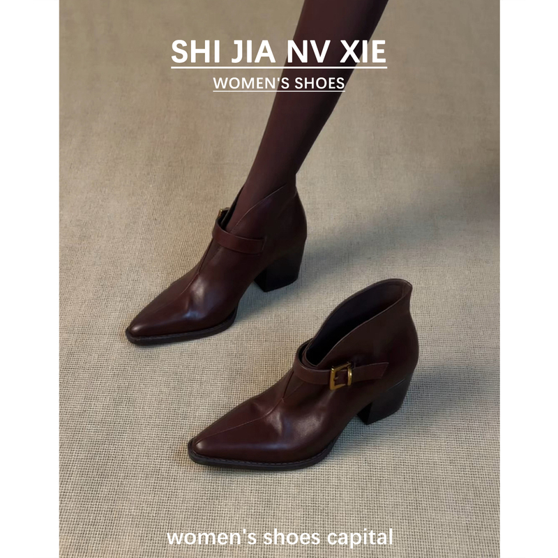 Genuine Leather Pointed-Toe Short Boots for Women 2026 New Autumn and Winter Retro Belt Buckle Ankle Boots Silent Slimming High-Heeled Boots Genuine Leather Pointed-Toe Short Boots for Women 2026 New Autumn and Winter Retro Belt Buckle Ankle Boots Silent Slimming High-Heeled Boots