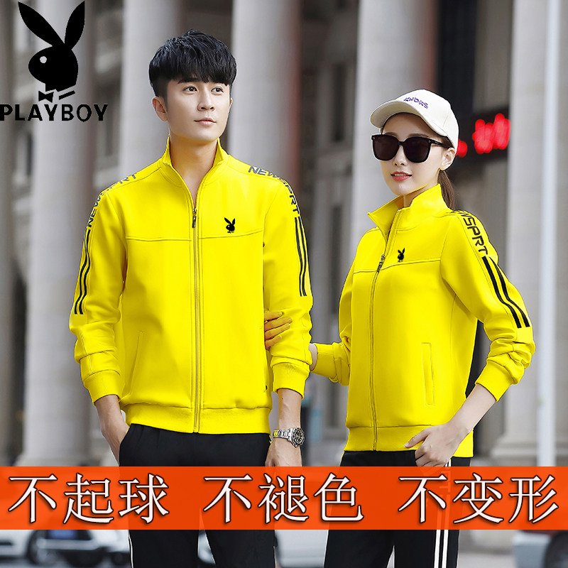 Playboy men's and women's sports suits spring and autumn short-sleeved trousers running suit couples casual thick cotton two-piece set