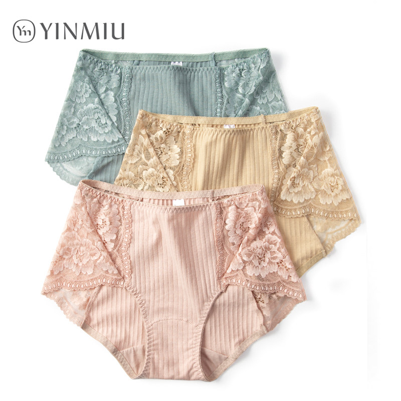 3 pieces of underwear women's pure cotton mid-waist hip-lifting sexy women's large size fat mm lace seamless cotton triangle shorts