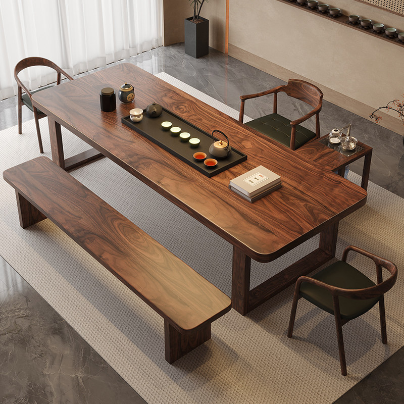 Modern Minimalist Solid Wood Tea Table and Chair Set, High-End South American Walnut Wood Office and Living Room Reception All-Solid Wood Tea Table