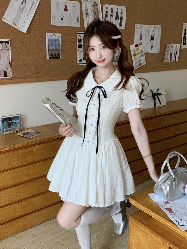 Summer White Tea College Style Summer White Waist-Cinching Sweet Short-Sleeve Puff Sleeve Dress for Women