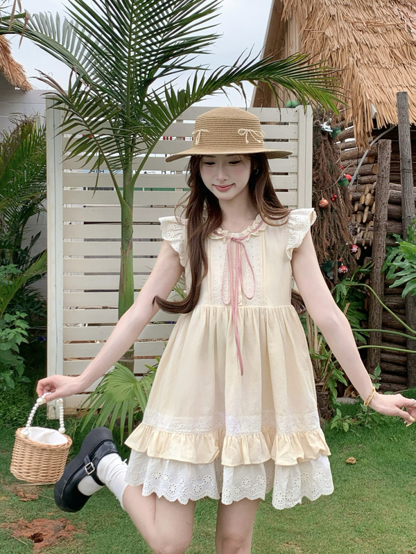 Sea Mist Star Cheese Fufu Summer Sweet Short Dress with Flutter Sleeves, Loose and Slimming Sleeveless Dress for Women