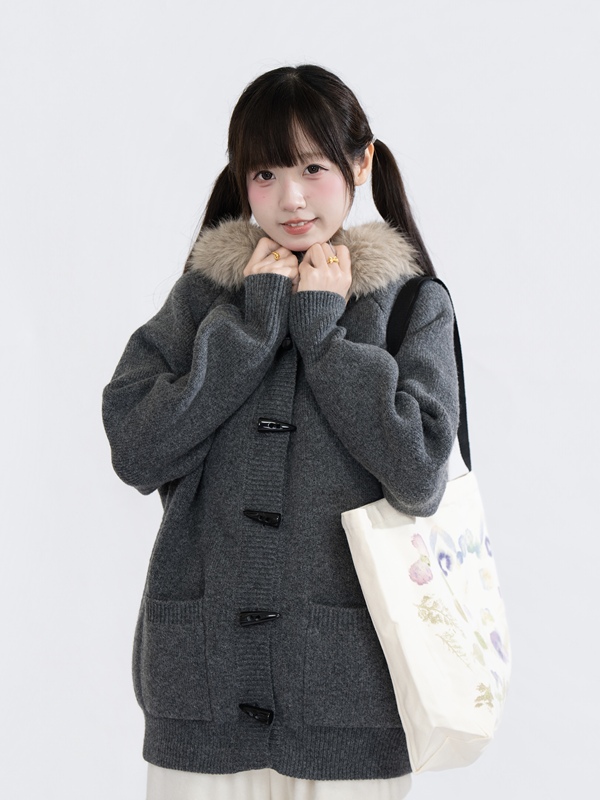 Haiwu Xing Thickened Hooded Cardigan with Detachable Fur Collar, Lazy Style Warm Sweater Cardigan Haiwu Xing Thickened Hooded Cardigan with Detachable Fur Collar, Lazy Style Warm Sweater Cardigan
