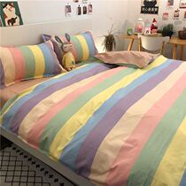Korean hipster mix and match wind rainbow stripe wash cotton quilt cover ins student dormitory three-piece solid color sheets