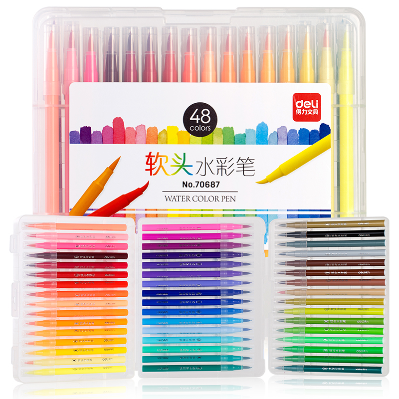 Deli 70680 70681 70686 70687 Soft head watercolor pen 12 24 36 48 colors washable safety