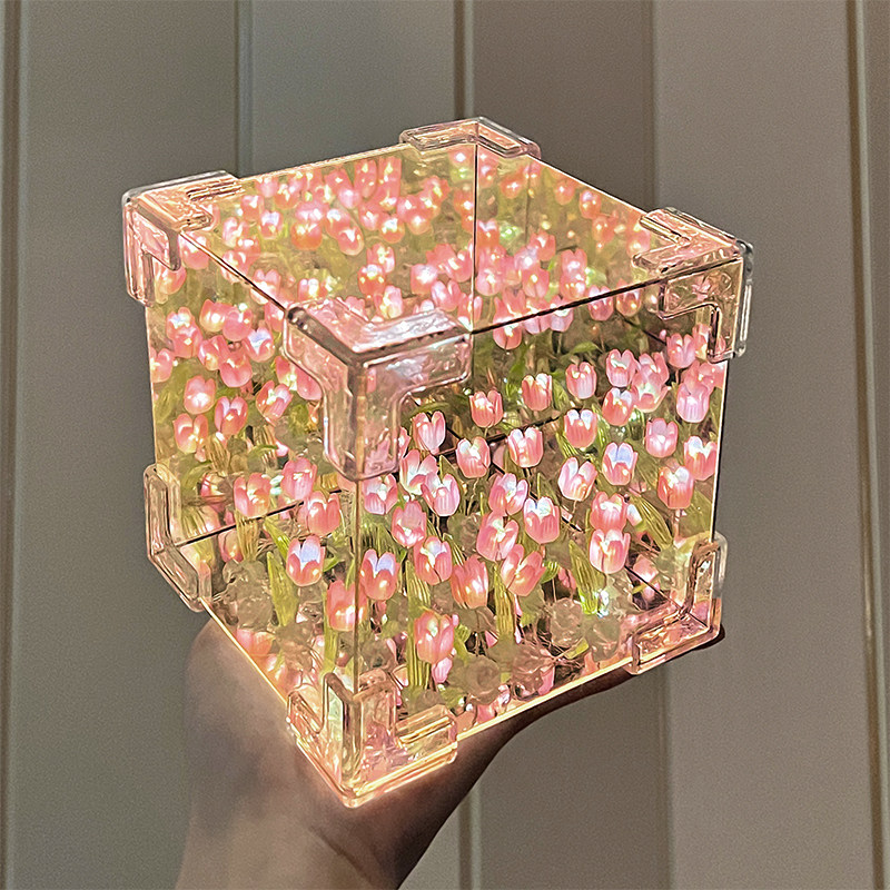 Christmas Gift Rubik's Cube Tulip Flower Sea Night Light Handmade DIY Materials Mirror Gift for Girls Birthday Finished Product