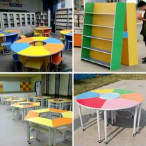 School library combination reading table Bookshelf Student guidance class long desk Training color painting art table